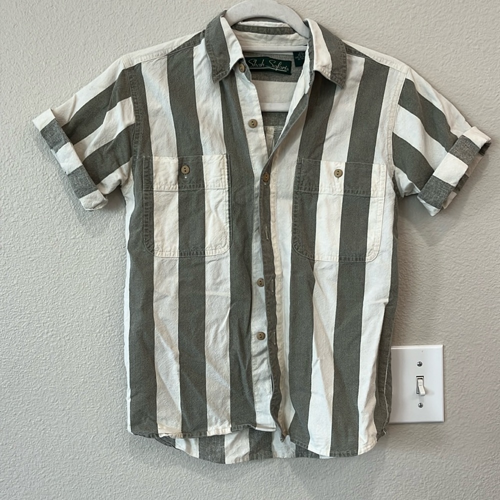 Cotton button up, greyish green and off white stripes